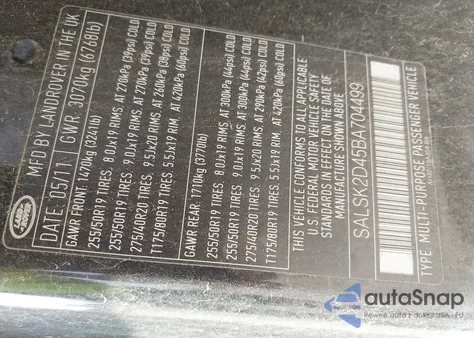 2011 Land Rover Range Rover Sport Hse z USA, uszkodzony, nr VIN SALSK2D45BA704499